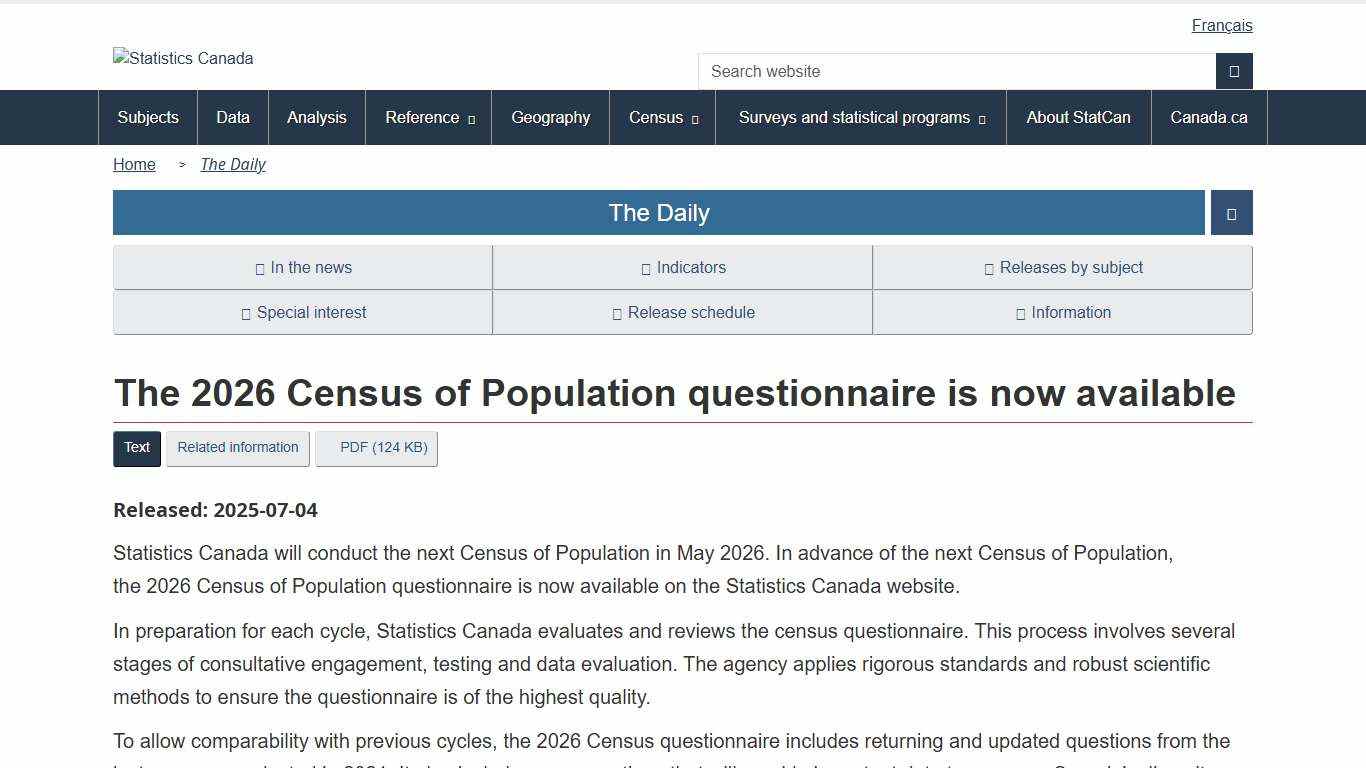 The Daily — The 2026 Census of Population questionnaire is now available